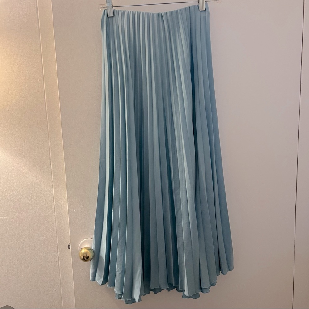 Satin-y Tiffany blue pleated midi skirt
